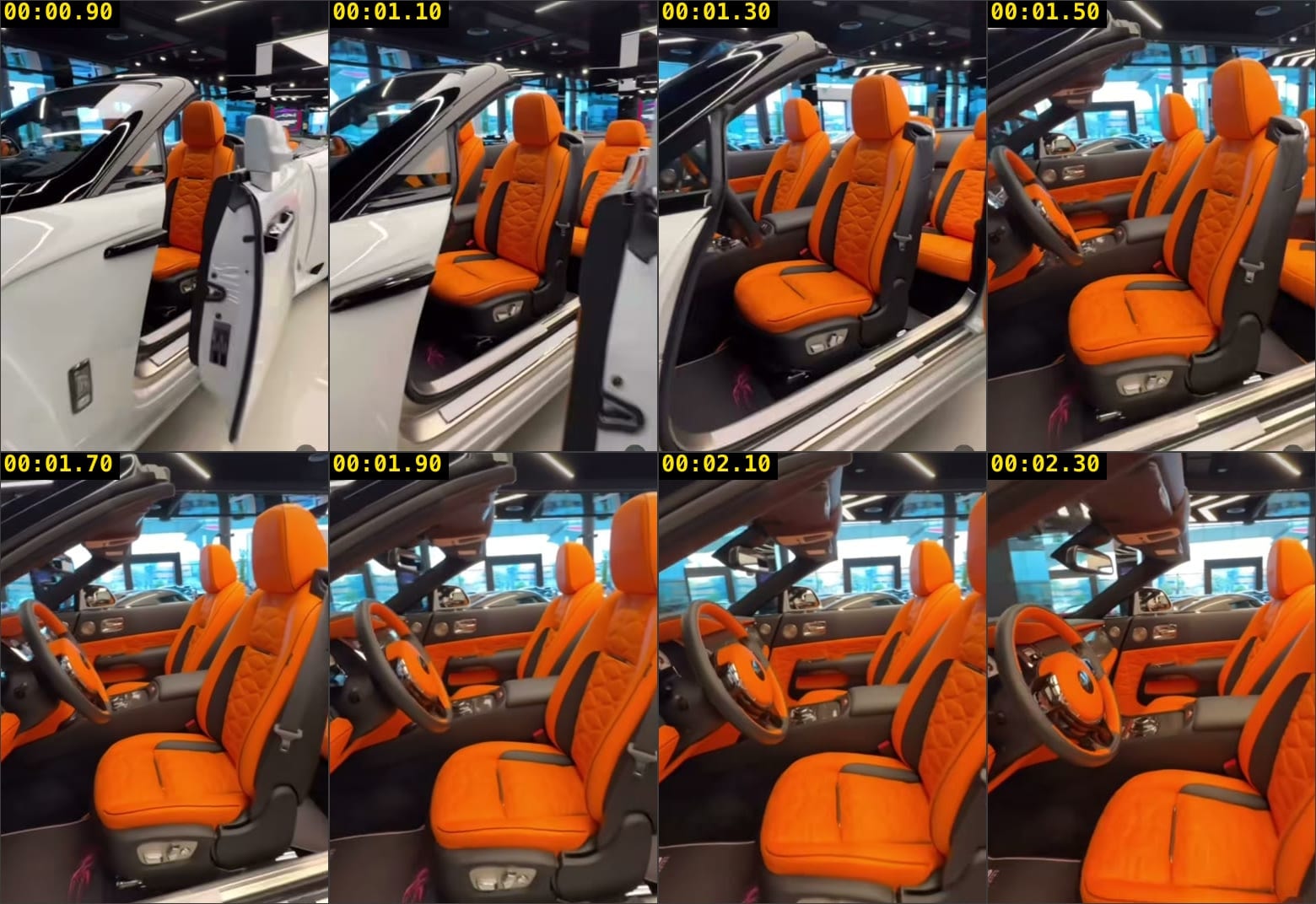 Eight frames spanning 0.9 to 2.5 seconds: one continuous camera push past an open door into an orange leather interior