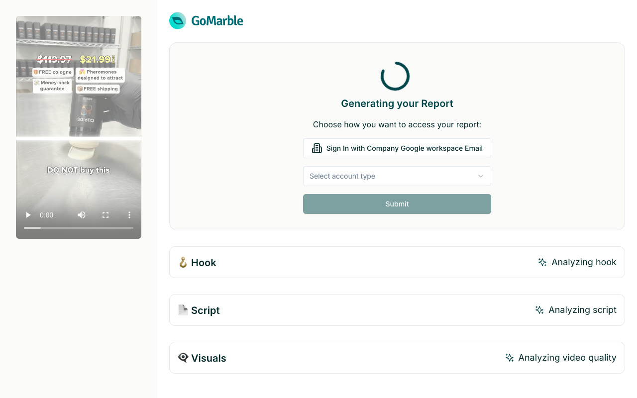 GoMarble's AI Ads Analyzer with the Cupids ad uploaded. The report panel asks for a sign-in with a company Google Workspace email before the hook, script and visuals sections fill.