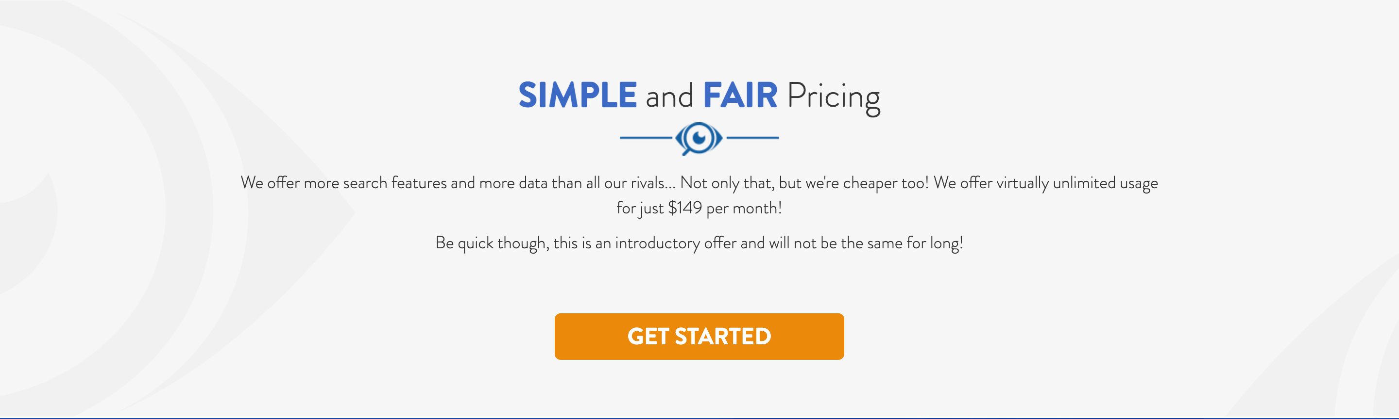 The pricing section of the AdSpy home page: virtually unlimited usage for 149 dollars per month, described as an introductory offer that will not be the same for long.