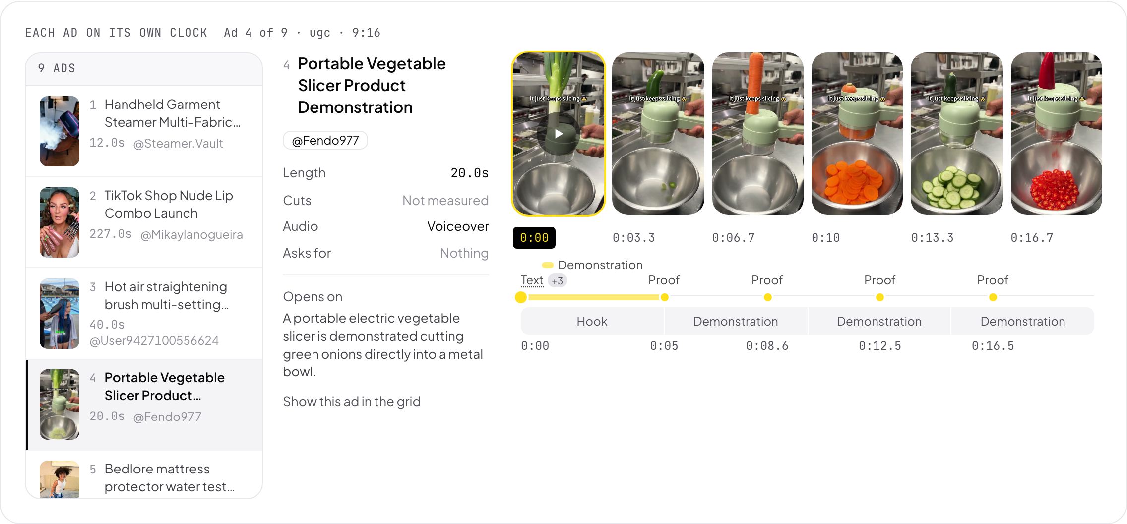 Playhead's reading of a 20 second TikTok Shop video of a vegetable slicer: six frames with their seconds, and a timeline of one hook and three demonstration beats with proof moments at 5, 8.6, 12.5 and 16.5 seconds.