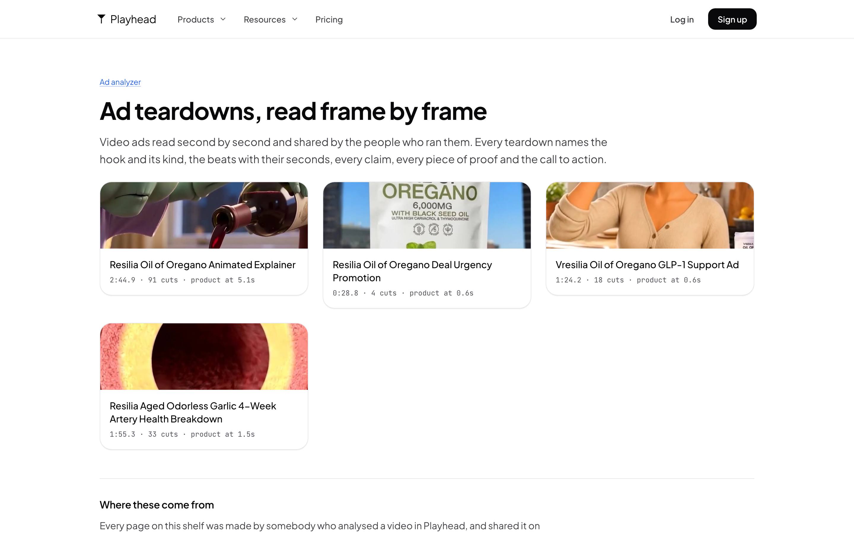 The Playhead teardown shelf with four Resilia ads: an animated explainer, a deal urgency promotion, a GLP-1 support ad and a garlic artery health ad, each with its length, its cuts and the second the product appears.