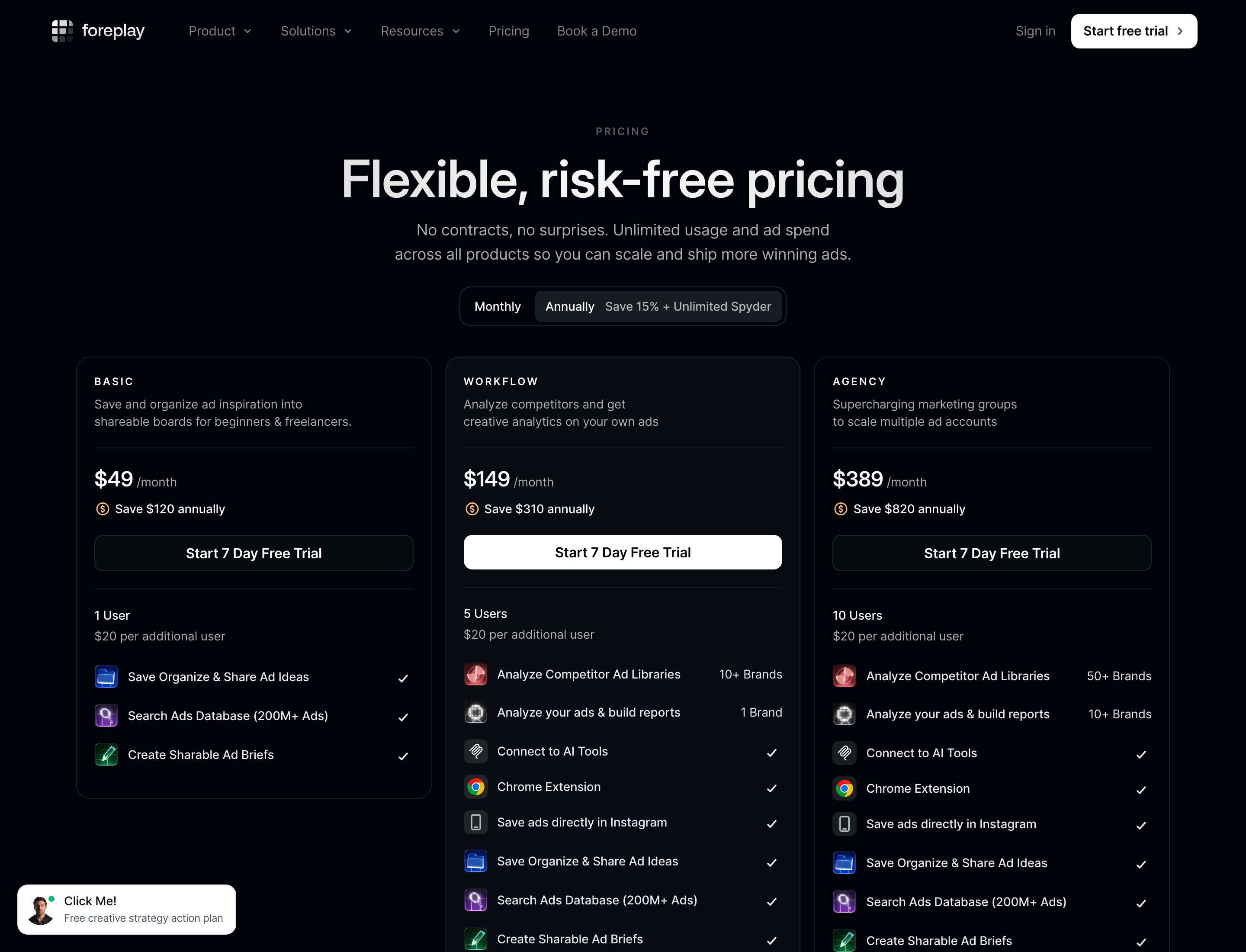 Foreplay's pricing page on the annual rate: Basic at $49, Workflow at $149 and Agency at $389 a month. Basic holds 1 user and no Connect to AI Tools row. Workflow holds 5 users and the AI connection.