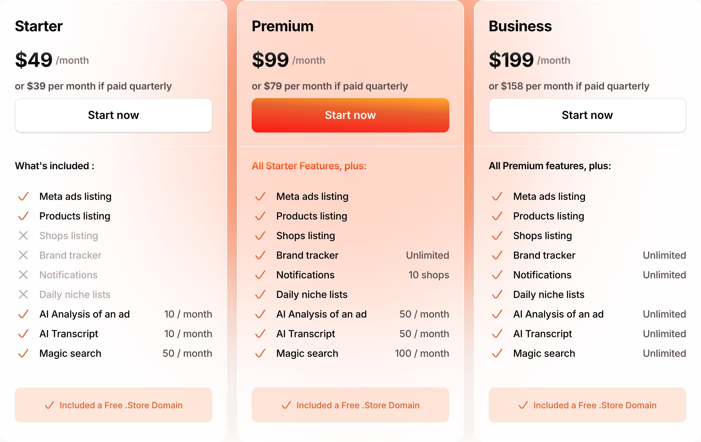 Minea's three plan cards: Starter at 49 dollars, Premium at 99 dollars and Business at 199 dollars a month. On Starter, shops listing, brand tracker, notifications and daily niche lists are crossed out, and AI analysis of an ad is 10 a month.