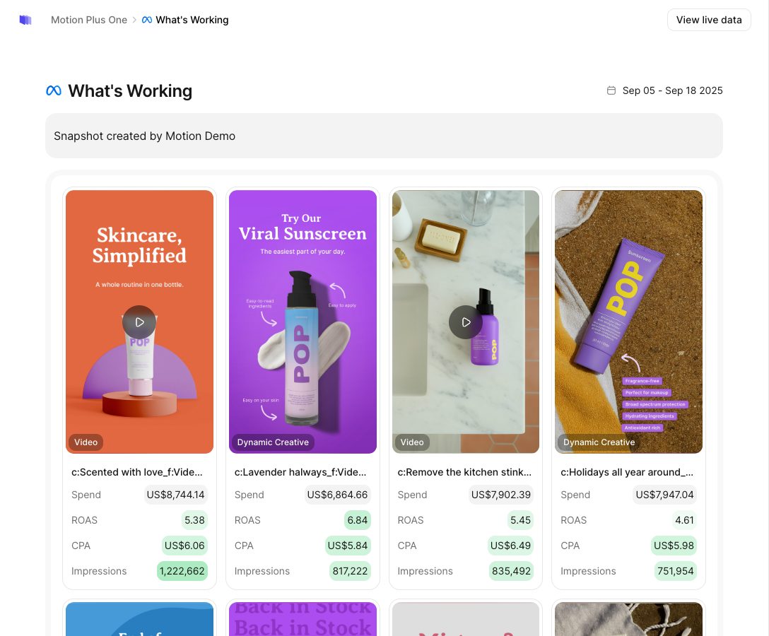Motion's public sample report, titled What's Working. Four sunscreen and skincare ads in a row, each with spend, ROAS, CPA and impressions under it.