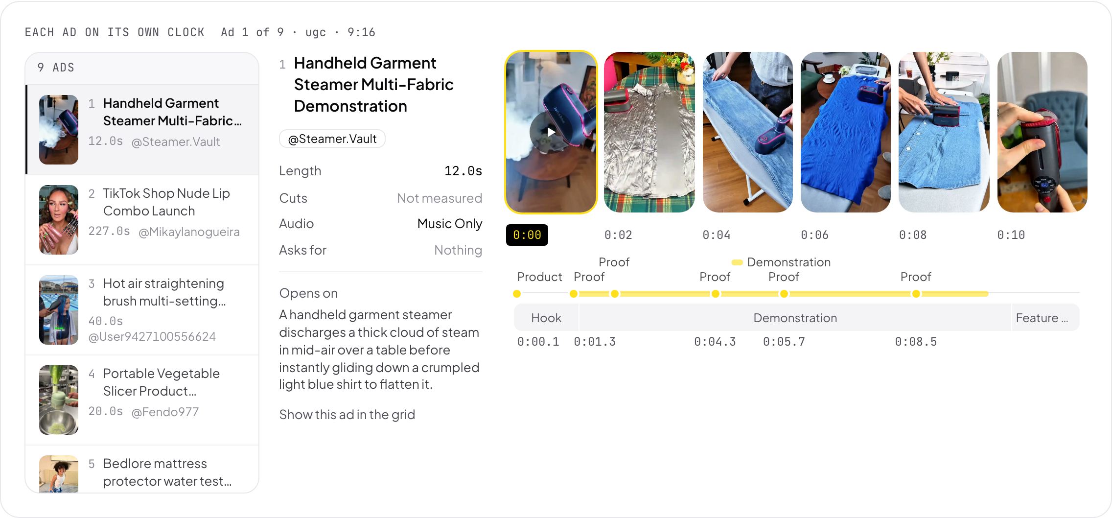 Playhead's reading of a 12 second TikTok Shop video of a handheld garment steamer: six frames with their seconds and a timeline of hook, demonstration and proof under it.